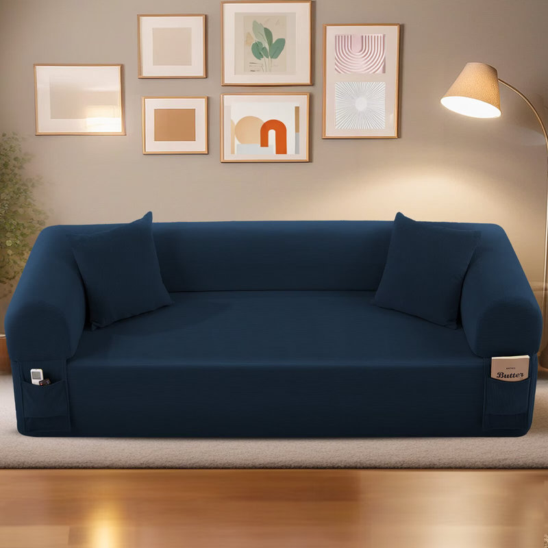 Floor Couch - 3 Seats Compression Sofa with Pillows Hybrid Sofa Pocketed Spring, Blue