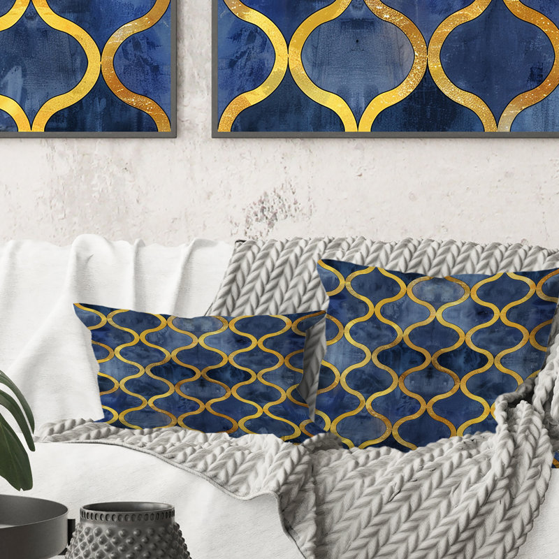Coussin moderne moderne bleu doré Trellis Glam II, H 18 po x l 18 po