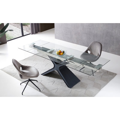 Boughner Clear and Black Glass and Metal Drop Leaf Pedestal Base Dining Table