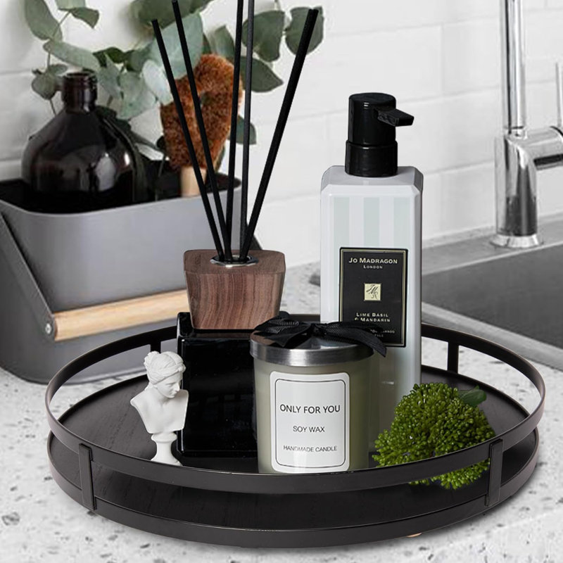 Plateau de service rond en bois avec poignée en métal - Plateau décoratif rustique pour la maison, table basse, cuisine et table de salle à manger