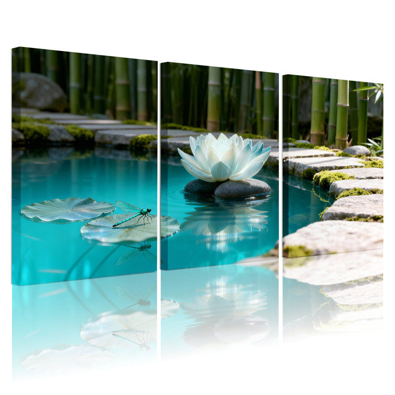 Ensemble de 3 tableaux muraux sur toile représentant un jardin de bambous et des fleurs de lotus, H 30 po x l 60 po