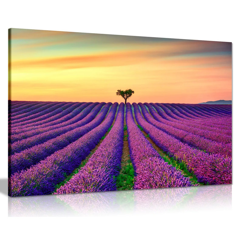 Lavender Field With Sunset - Wrapped Canvas Print, 20cm H x 31cm W