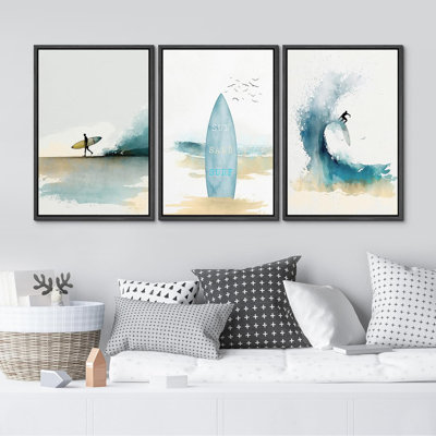 Coastal Beach Sun Sand Surf Light Blue Surfboard and Ocean Coastal Nautical Framed Canvas 3 Pieces Print Wall Art