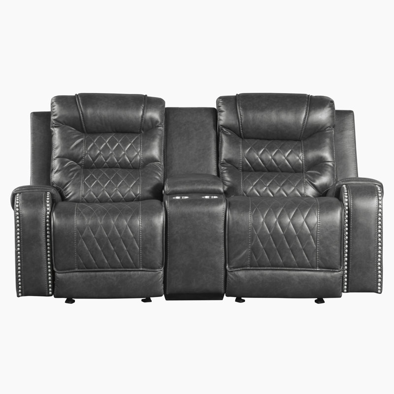 Denby 77.5" Traditional Faux Leather Manual Double Reclining Loveseat with Integrated Console with USB & Outlets, Soothing Gentle Gliding Motion