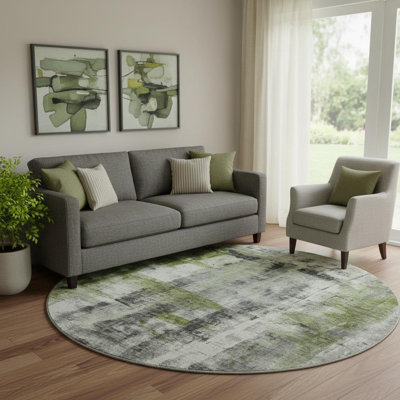 Tapis rond lavable abstrait gris anthracite et ivoire 8 pi avec protection UV