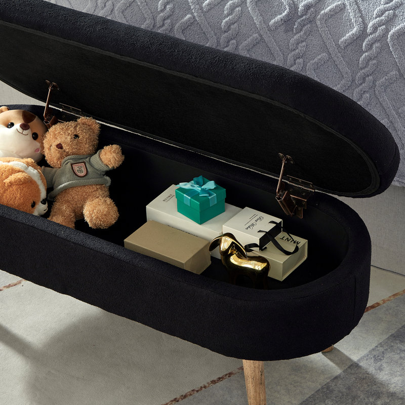 Oval Boucle Storage Ottoman Bench, Luxury Upholstered, Wood Legs, 350lb Capacity, Safety Hinge, Black