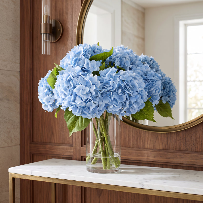 Real Touch Hydrangeas Arranged in a Glass Vase, Light Blue