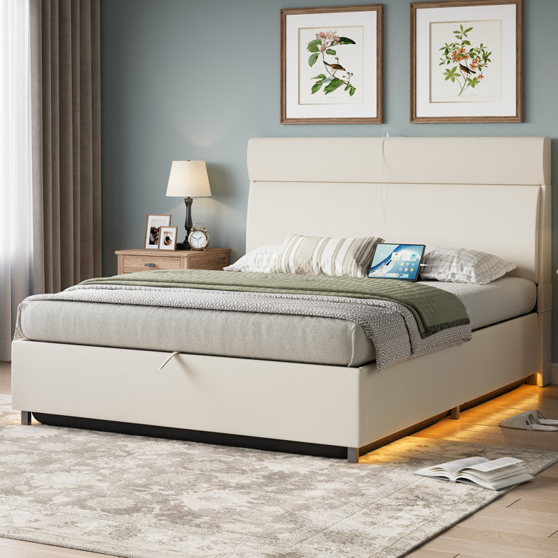 Bed Frame with Headboard, Platform Bed with Thickened Metal Frame, Lift Up Storage Bed with Motion Sensor Light, No Box Spring Needed