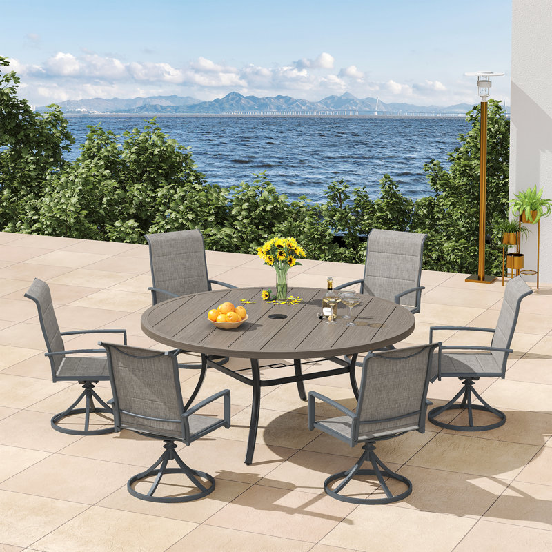 6-Person Patio Dining Set with 53" Round Metal Dining Table and 6 Padded Swivel PVC-coated polyester Chairs