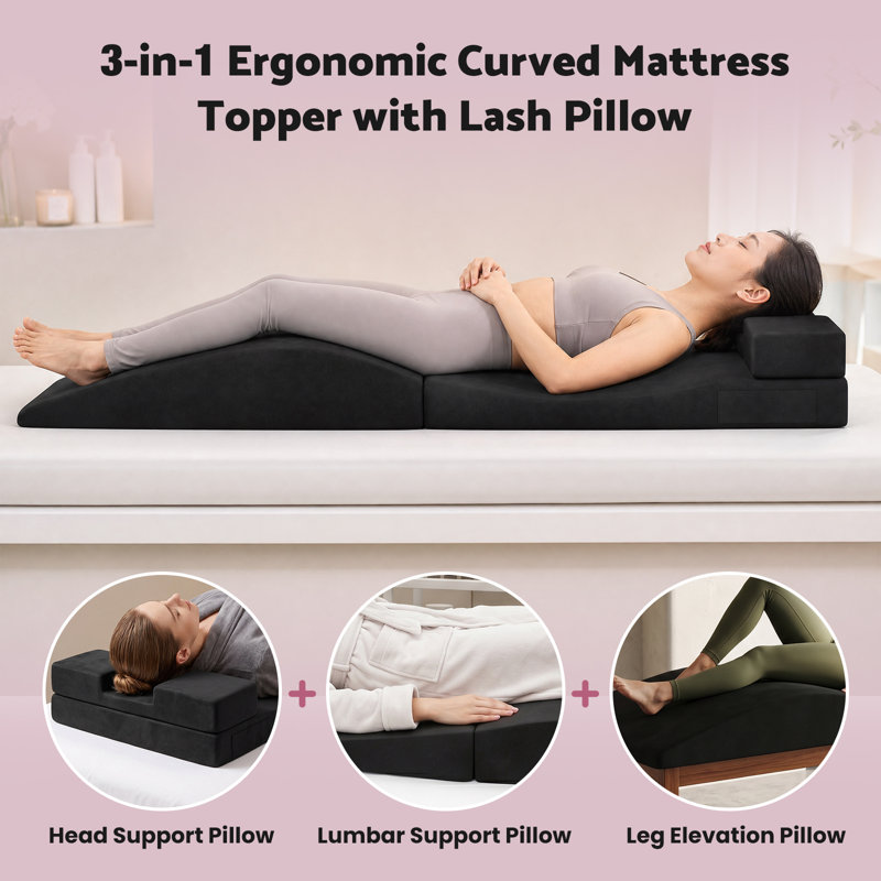 3-in-1 Ergonomic Lash Bed Topper with Lash Pillow, Foldable Full Body Support Cushion for Lash Extensions and Beauty Salon, Curvy Massage Cushion
