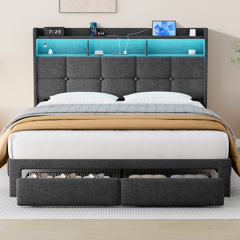 Upholstered Platform Bed With 2 Drawers,Storage Headboard With Charging Station And LED Light, Full, Dark Gray