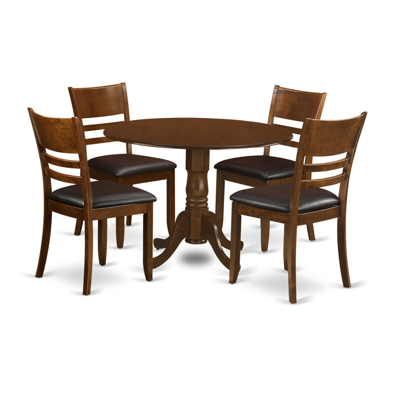  5 Piece Kitchen Table & Chairs Set Includes a Round Dining Table with Dropleaf and 4 Faux Leather Dining Room Chairs, 42x42 Inch, Espresso