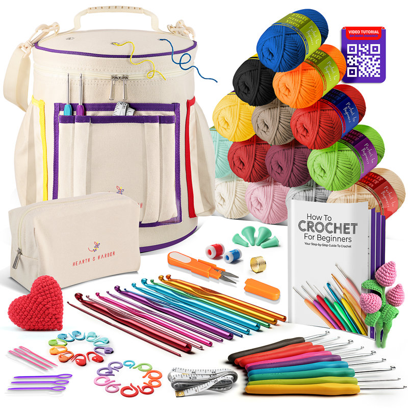 Hearth & Harbor Crochet Kit, Includes Bag, Cotton Crochet Yarn, Hooks, USB Port, Tutorials and More