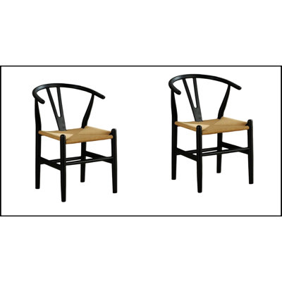 Chaises d'appoint noires en bois 2 pièces avec sièges en corde tissée, parfaites pour les salles à manger et les cuisines modernes