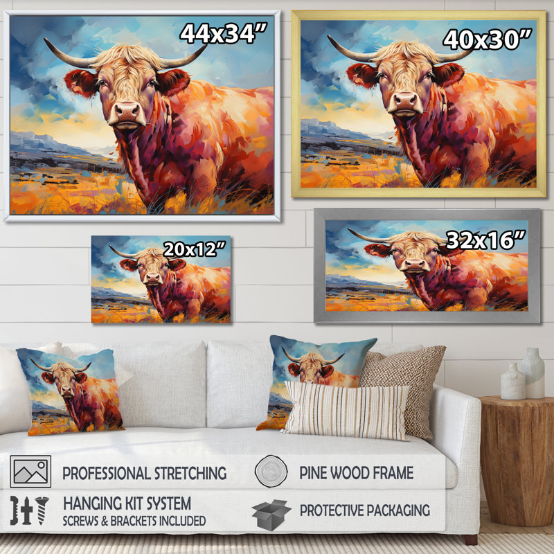 Vache, campagne, palette IV - impression, Encadrement doré, H 16 po x l 32 po x P 1 po