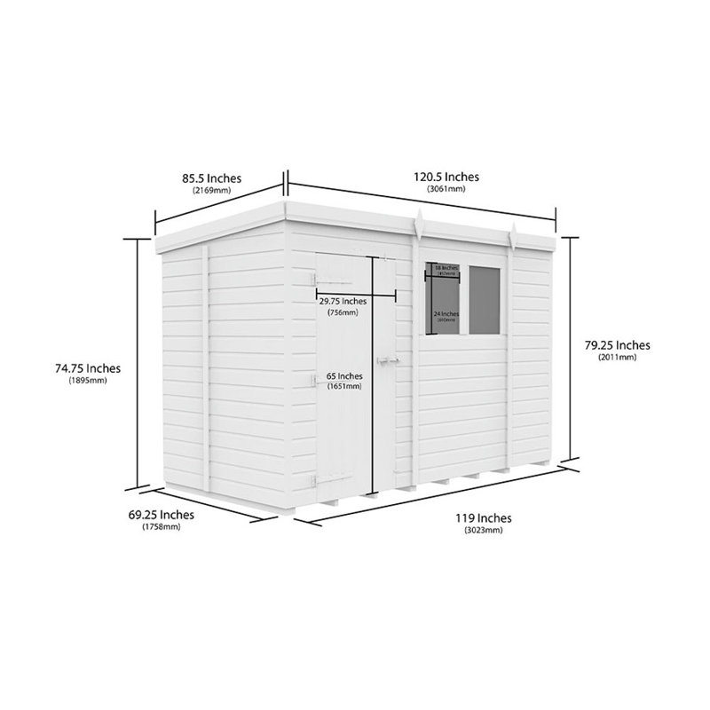 10ft x 5ft Pent Shed - Single Door with Windows
