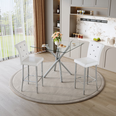 3-piece Dining Table Set, Modern Glass Bar Table and Upholstered Bar Stools