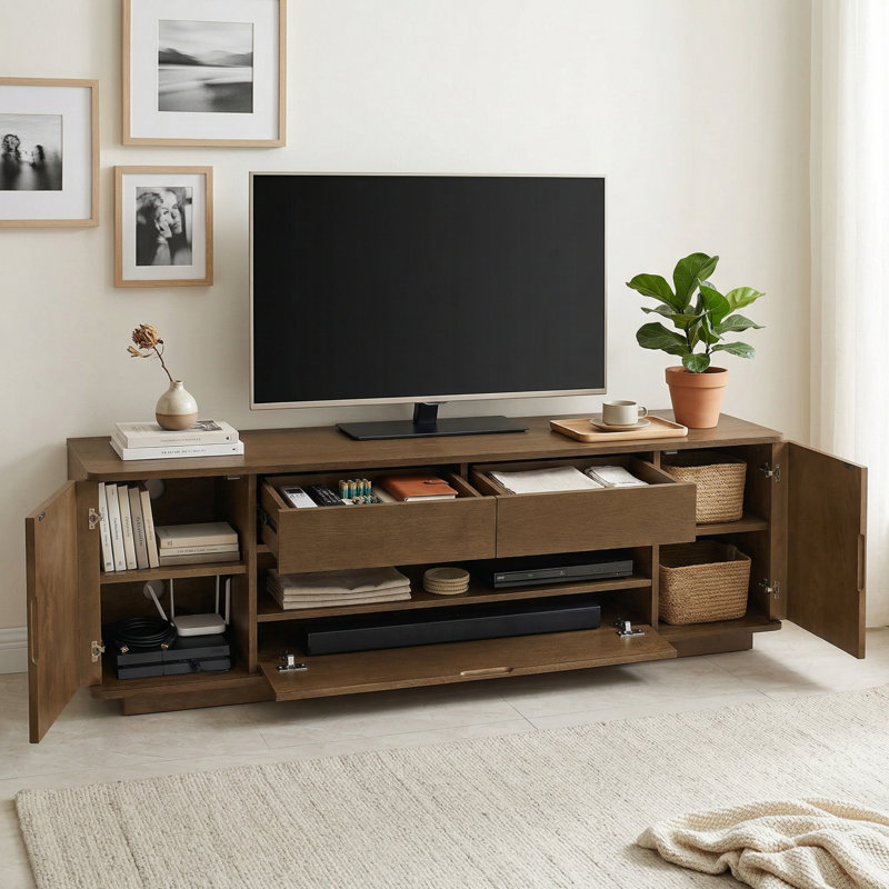 59" Mid Century Modern Tv Stand For Tvs Up To 65", Walnut Entertainment Center With Curved Design For Living Room