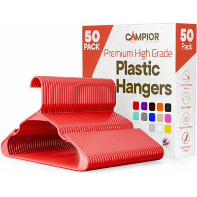 Cintres en plastique - Ensemble de cintres robustes, pour organiser les vêtements, les robes et le manteau, peut supporter jusqu'à 5 lb, cintres peu encombrants avec rainures d'épaule antidérapantes, paquet de 50, rouge