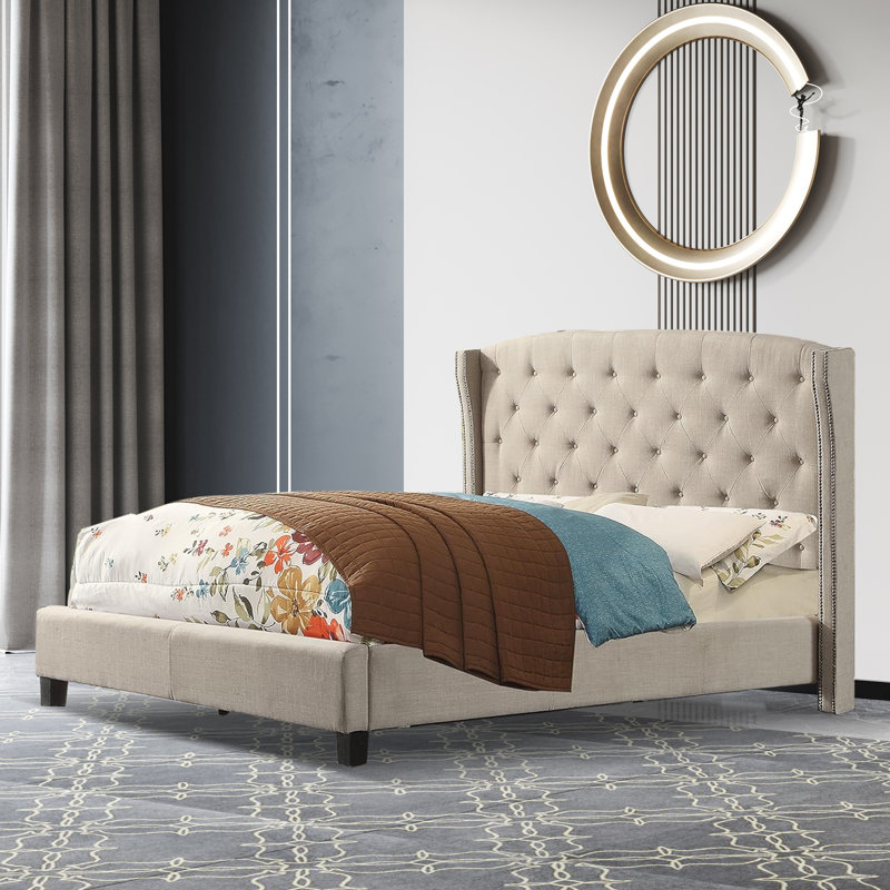 Upholstered Wingback Platform Bed, Bed Frame with Nailhead Trimmed Wingback and Button-Tufted, Beige, Full/Double