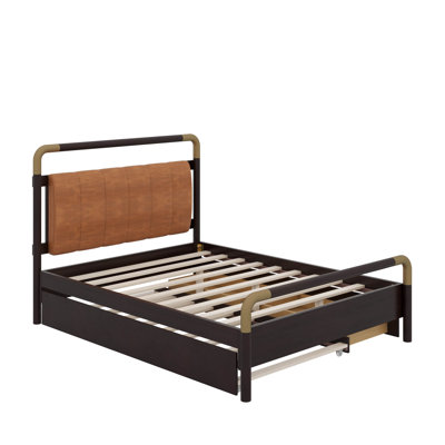 Grand lit plateforme en bois avec 2 grands tiroirs et un lit gigogne