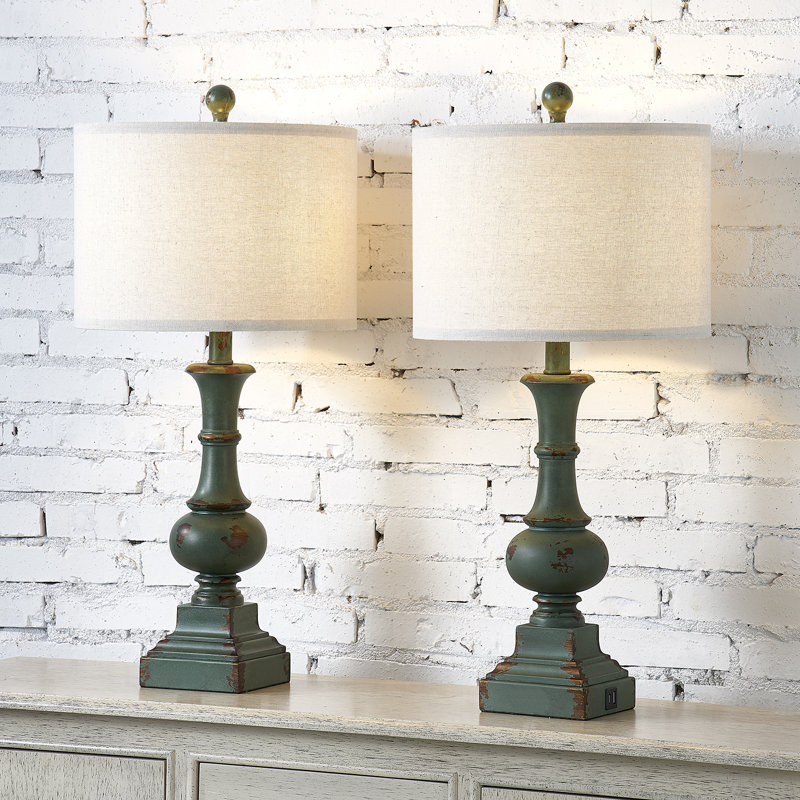 Garytt 25.5" Farmhouse Bedside Table Lamp Set with USB Ports, Bulbs