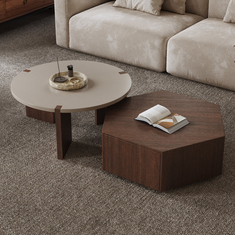 Pompilie 2 Piece Wood Nesting Coffee Table Set With Drawer Farmhouse Industrial Living Room Furniture Stylish Multi-Functional Nesting Tables