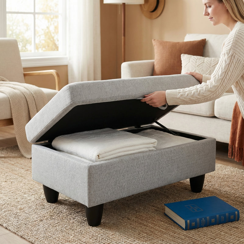 Light Grey Storage Ottoman | Non-pilling Fabric | X-stitching | Solid Wood Frame