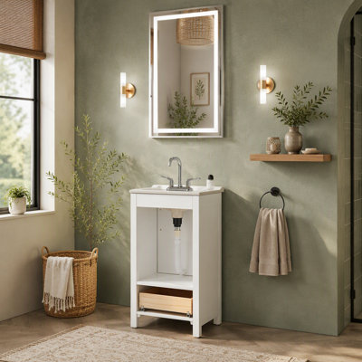 Meuble de salle de bain autoportant, 45,7 cm (18 pouces), blanc avec dessus en céramique, entièrement assemblé