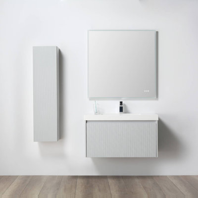 Meuble-lavabo mural 36 po avec lavabo en acrylique et armoire latérale Hisaw - devant cannelé, tiroirs à fermeture en douceur Hisaw