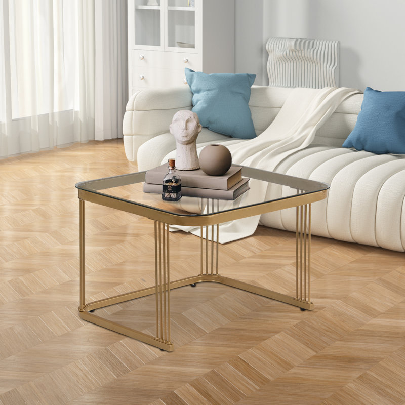 High-gloss Marble Nestable Coffee Table With Glass Tabletop, Gold Decoration, And Side Table With Drawer
