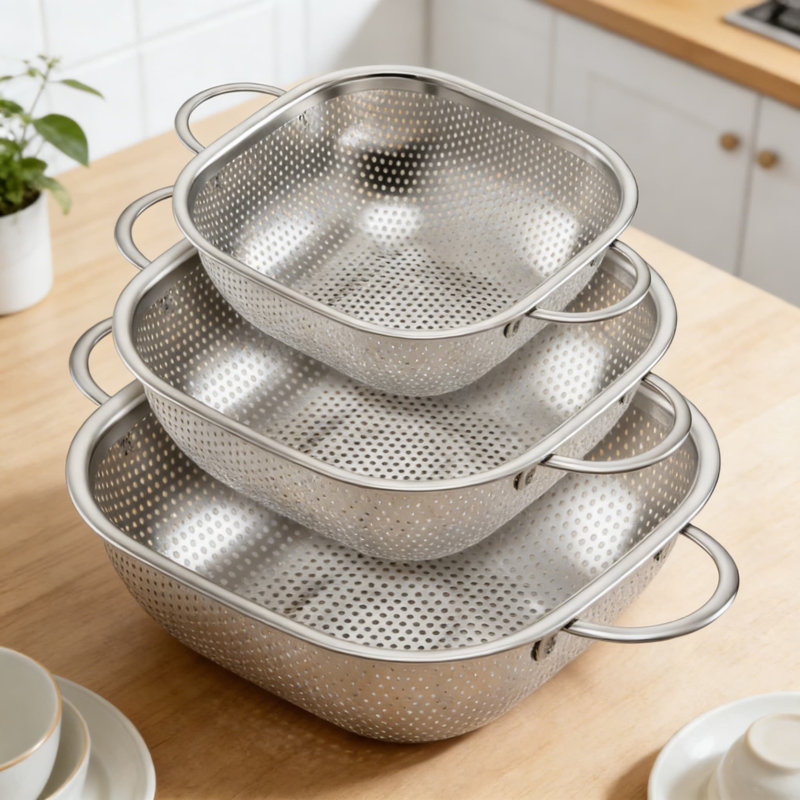 Stainless Steel Colander Set Of 3, Square Micro-Perforated Strainers With Handles For Draining Pasta, Vegetables, And Food, Dishwasher Safe With Elevated Feet For Quick Drying