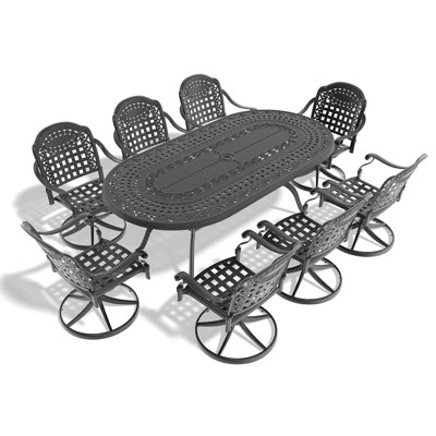 9-Piece All-Weather Cast Aluminum Dining Set, Include 8 Swivel Chairs And Oval Table With Black Frame (Same Sku:W1710S00360)