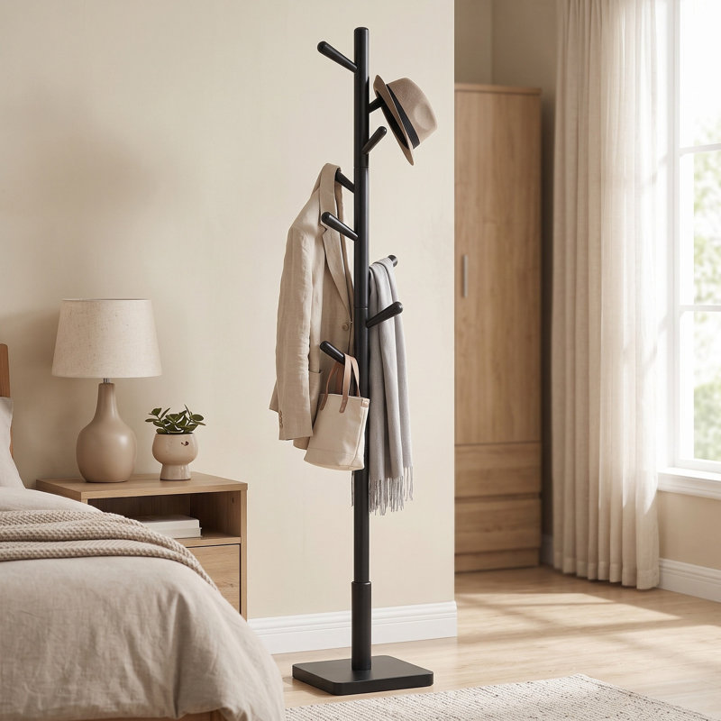Trikomou Solid Wood 8-Hook Freestanding Coat Rack, Black