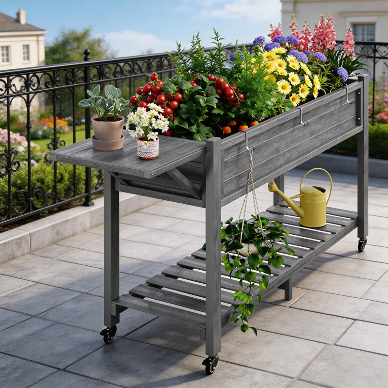 Elevated Raised Garden Bed With Legs Planter Box Stand With Storage Shelf, Grey