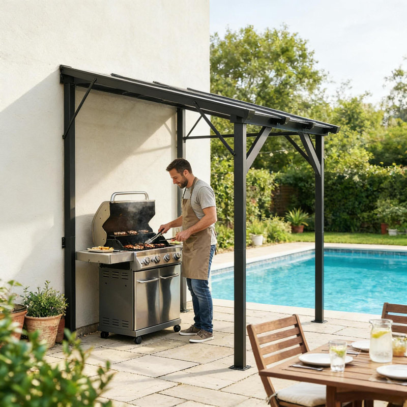 Pavillon de jardin durable à toit rigide avec cadre, abri barbecue moderne gris foncé