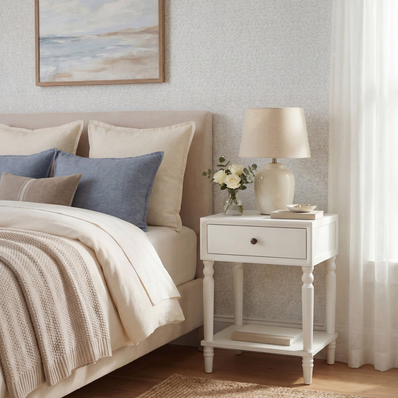 Table de bout en bois massif avec rangement Sadie, Blanc ombragé