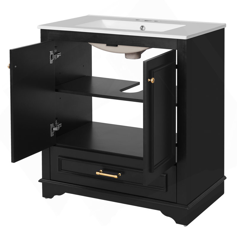 Meuble-lavabo de luxe 30 po avec lavabo en céramique, meuble-lavabo avec 2 grandes portes à fermeture douce, meuble de rangement en bois