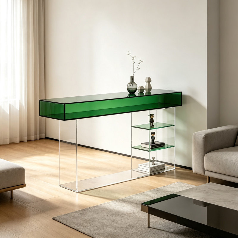 Console verte en acrylique, 29.53" H x 55.12" W x 11.81" D