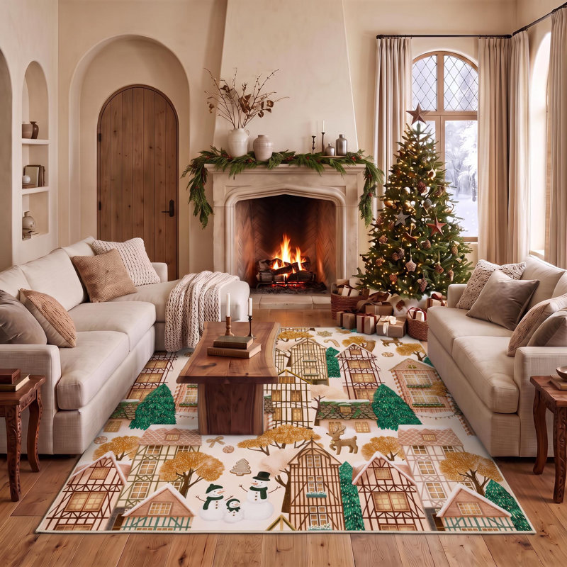 Tapis de Noël Village d'hiver Bonhomme de neige et rennes, Café, 9*12ft