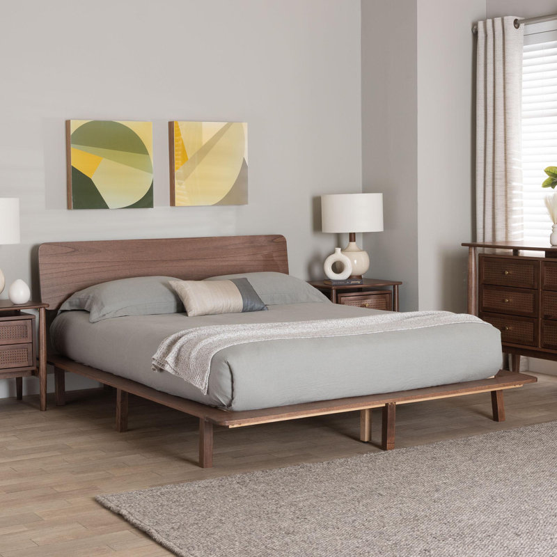 Alyssa Walnut Brown Wood Queen Platform Bed with Angled Headboard
