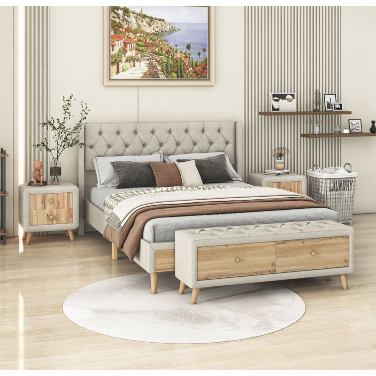 4-Pieces Bedroom Sets, Queen Size Upholstered Platform Bed with 2