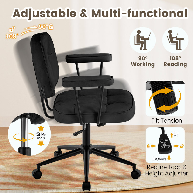Ergonomic Swivel Home Office Chair, Faux Leather Arm Task Chair with Low Back,Rocking Function., Black