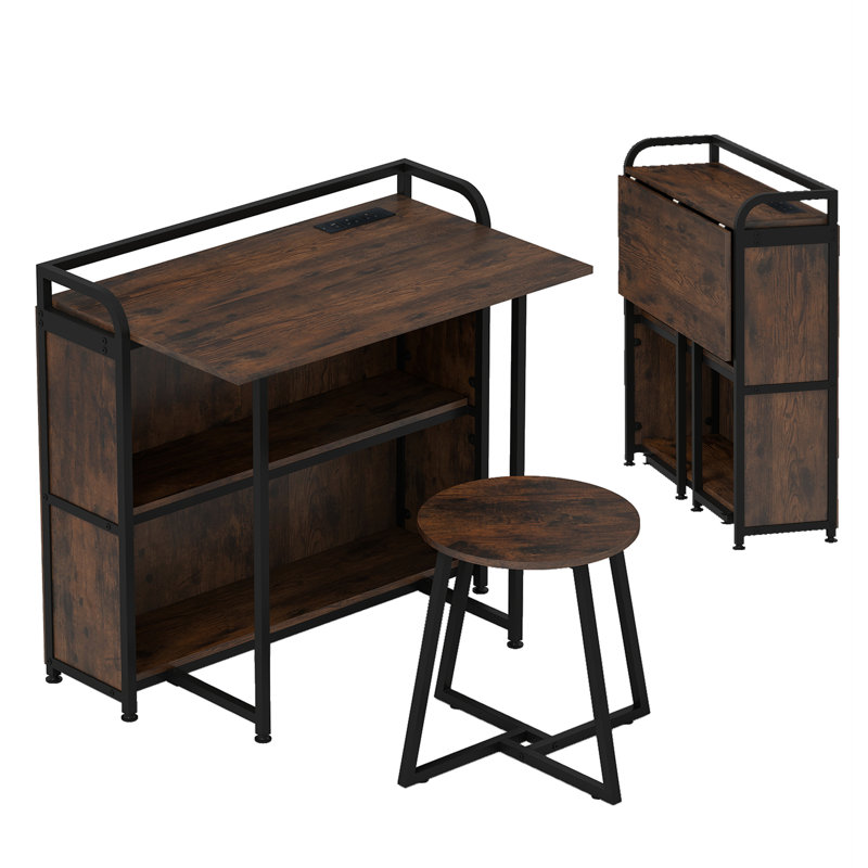 Folding Table With Stool 90 Cm Computer Desk Set With AC Outlets-Brown, Brown