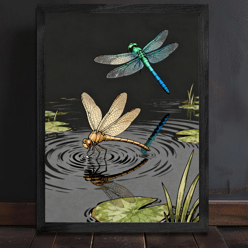 Art encadré noir avec libellule, reproduction de cadre fantaisiste inspirée de la nature, H 25 po x l 17 po