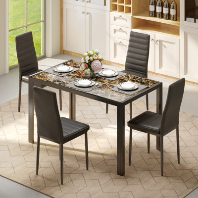 Latoyta Modern 5-Piece Rectangular Glass Top Dining Set with Cushioned Chairs