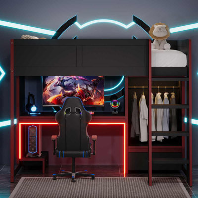 Wood Gaming Loft Bed With Built-In Desk, Wardrobe And LED For Teen And Adults