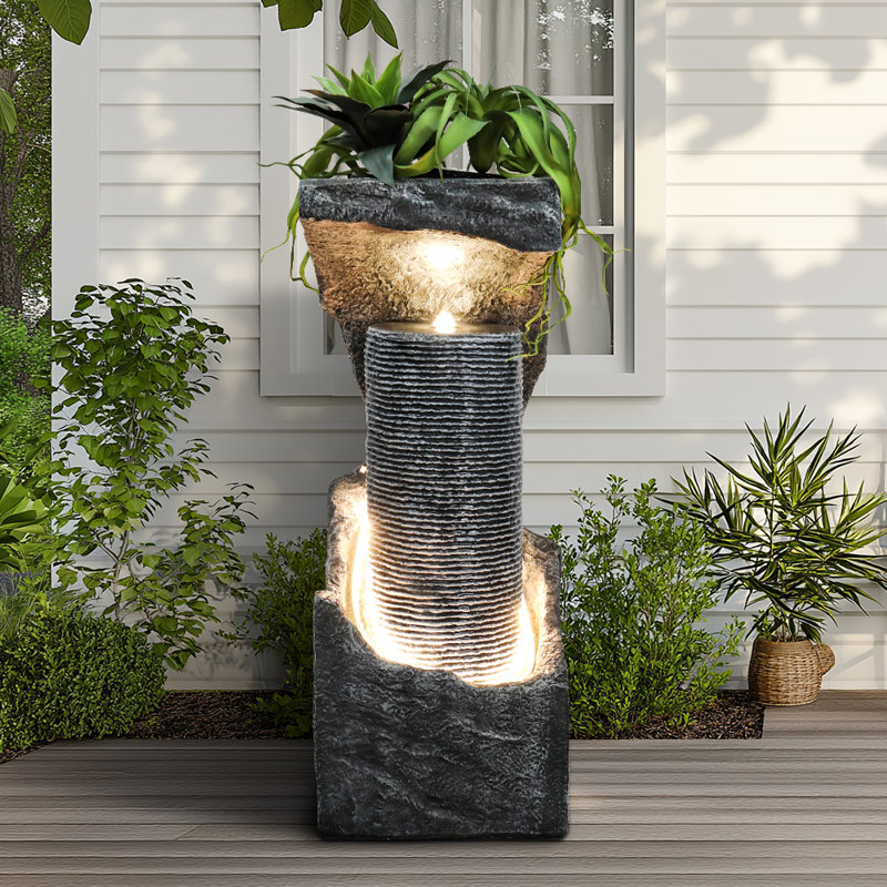 Fountains 33.4" Tall Modern Water Fountain, for Garden Patio Indoor Outdoor, with LED Lights | Concrete / Cement | Tiered Waterfall Fountain