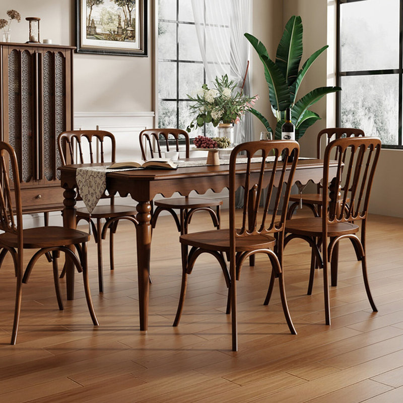 Wanlnut color Rectangular Solid Wood Scalloped Apron Dining Table, 29.53"H x 55.12"L x 31.50"W
