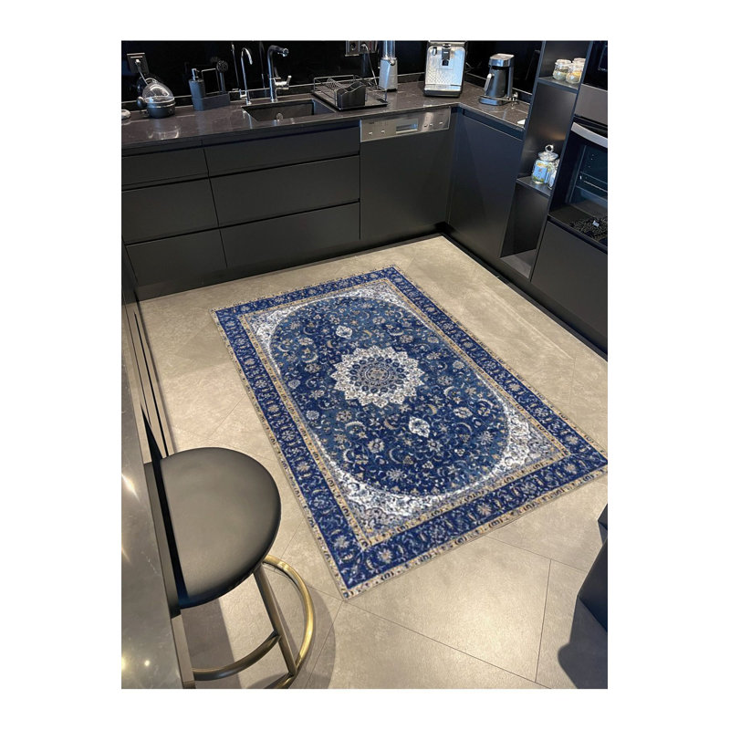 Tapis décoratif bleu marine à motif floral, Sous-tapis rectangulaire de 3 pi 3 po x 4 pi 11 po
